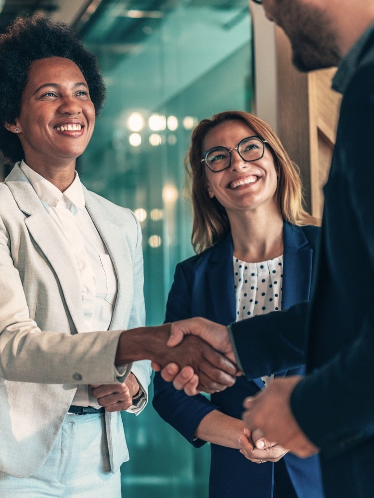 Diverse business people shaking hands in a modern office, smiling during a meeting.